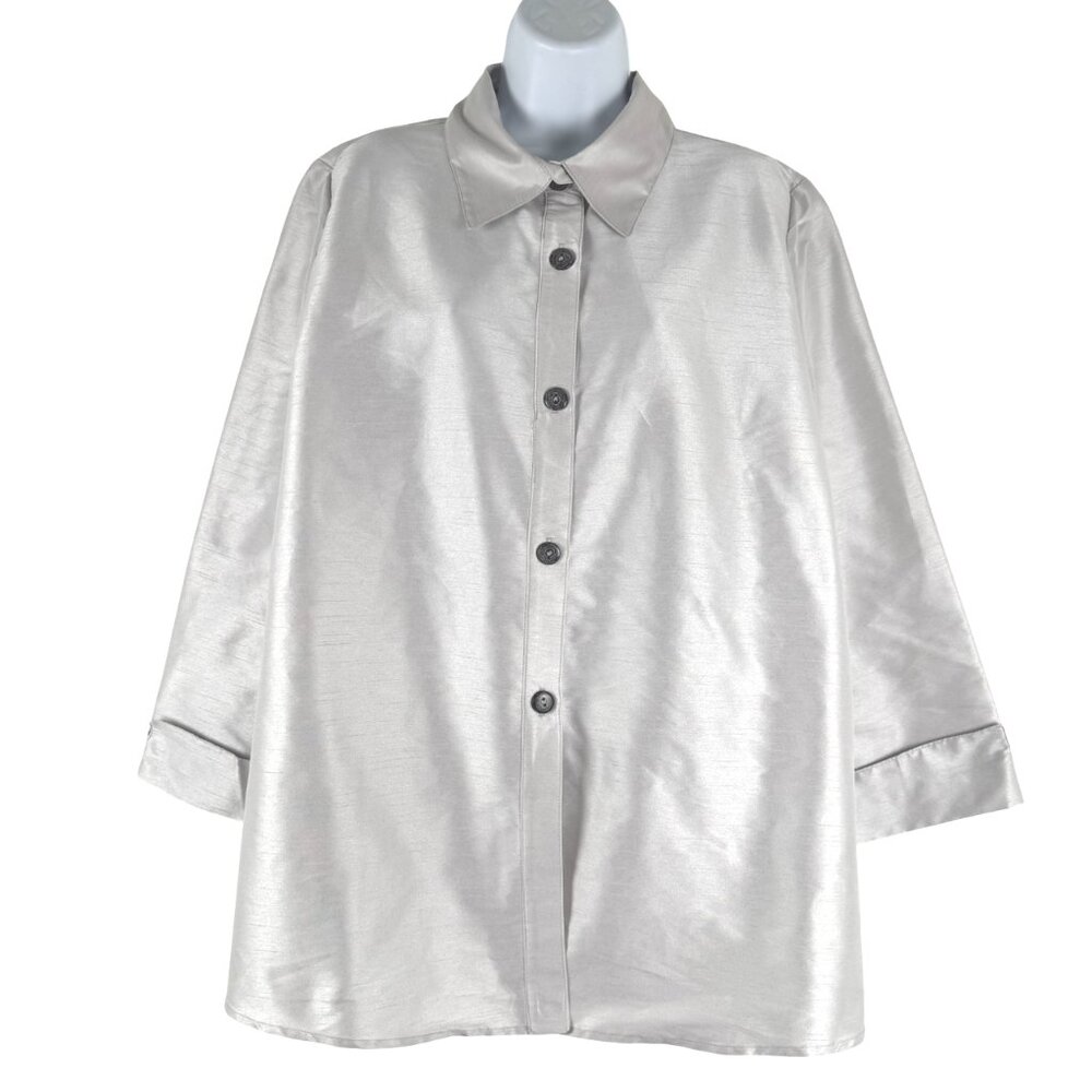 IC Collection Button Front Blouse Shirt 2XL Silver Cuffed Polyester‎ TP-3463